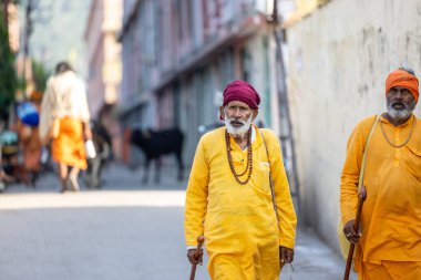 Rishikesh, Uttarakhand, Hindistan - Ekim 2022: Kutsal Rishikesh, Nehir Çetesi yakınlarındaki tanımlanamayan Brahmin erkek portresi.