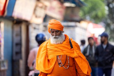 Rishikesh, Uttarakhand, Hindistan - Ekim 2022: Kutsal Rishikesh, Nehir Çetesi yakınlarındaki tanımlanamayan Brahmin erkek portresi.