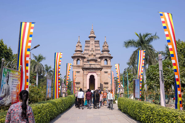 Sarnath, Uttar Pradesh, India - November 2022: Buddhist temple, Architecture view of Lord Buddha temple at sarnath in Varanasi.