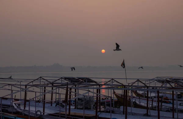 stock image Varanasi, Uttar Pradesh, India - November 2022: wooden boats moored at the river Ganges 