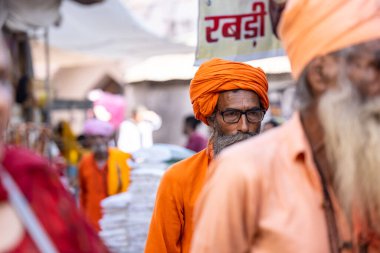 Puşkar, Rajasthan, Hindistan - Kasım 05 2022: Puşkar Fuarı, geleneksel deve fuarı sırasında Pushkar caddesindeki yaşlı bir sadhu babanın portresi.