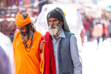 Puşkar, Rajasthan, Hindistan - Kasım 05 2022: Puşkar Fuarı, geleneksel deve fuarı sırasında Pushkar caddesindeki yaşlı bir sadhu babanın portresi.