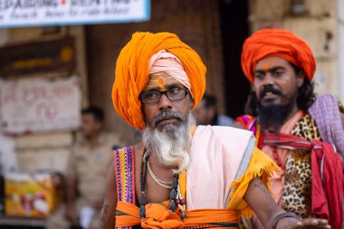 Puşkar, Rajasthan, Hindistan - Kasım 05 2022: Puşkar Fuarı, geleneksel deve fuarı sırasında Pushkar caddesindeki yaşlı bir sadhu babanın portresi.