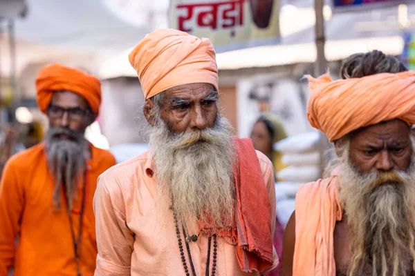 Puşkar, Rajasthan, Hindistan - Kasım 05 2022: Puşkar Fuarı, geleneksel deve fuarı sırasında Pushkar caddesindeki yaşlı bir sadhu babanın portresi.