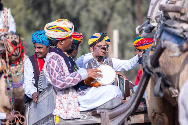 Stock image Bikaner, Rajasthan, India - January 13 2023: Camel Festival, Group of an rajasthani male artists playing musical instrument with colorful turban wearing colorful rajasthani dress on camel cart.