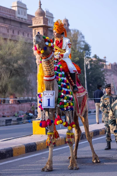 stock image Bikaner, Rajasthan, India - Jan 13 2023: Camel festival, Female soldier of Indian army participating in camel festival of bikaner parade on camels. Decorated camels participating in camel festival.