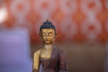 Pirinç metal sanatı, el yapımı Hint kültür heykelleri sade arkaplan ile yapılmış hediyelik eşyalar. Seçici odak.