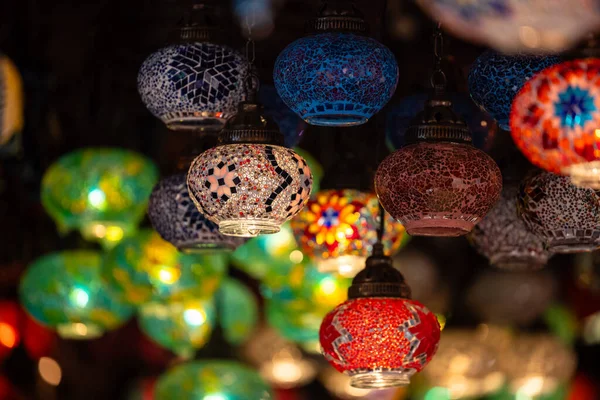 stock image Turkey. Market With Many Traditional Colorful Handmade Turkish Lamps And Lanterns. Lanterns Hanging In Shop For Sale. Popular Souvenirs From Turkey.