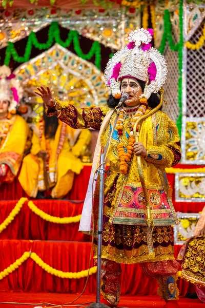 stock image Ghaziabad, Uttar Pradesh, India - September 27 2022: Artist playing ravan character of ramayana in ramlila during the dussehra festival.