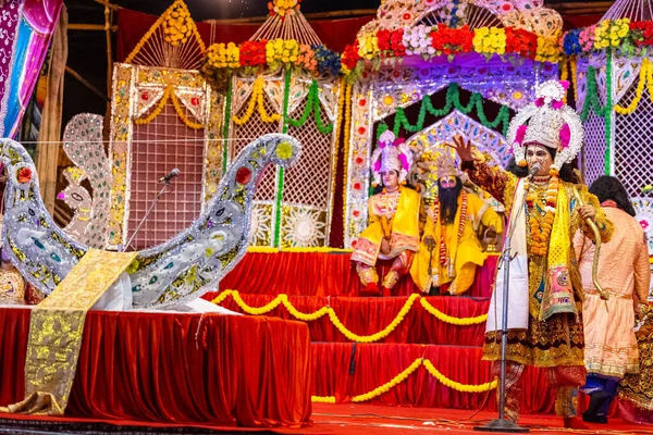 stock image Ghaziabad, Uttar Pradesh, India - September 27 2022: Artist playing ravan character of ramayana in ramlila during the dussehra festival.