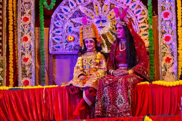 stock image Ghaziabad, Uttar Pradesh, India - September 27 2022: Artist playing ravan character of ramayana in ramlila during the dussehra festival.