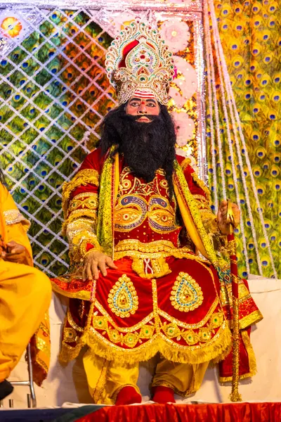 stock image Ghaziabad, Uttar Pradesh, India - September 27 2022: Artist playing ravan character of ramayana in ramlila during the dussehra festival.