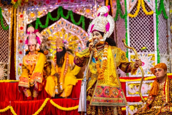 stock image Ghaziabad, Uttar Pradesh, India - September 27 2022: Artist playing ravan character of ramayana in ramlila during the dussehra festival.