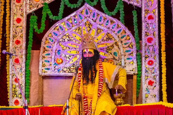 stock image Ghaziabad, Uttar Pradesh, India - September 27 2022: Artist playing ravan character of ramayana in ramlila during the dussehra festival.