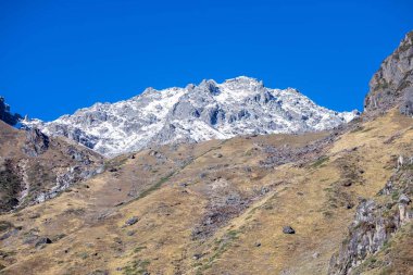 Himalaya, Panoramic view of Himalayan mountains covered with snow. Himalaya mountain landscape in winter at Kedarnath valley