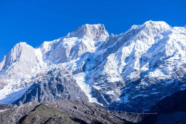 Himalaya, Panoramic view of Himalayan mountains covered with snow. Himalaya mountain landscape in winter at Kedarnath valley