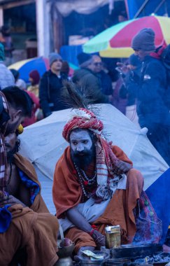 Kedarnath, Uttarakhand, Hindistan - 15 Ekim 2022: Baba Kedarnath tapınağının önünde geleneksel elbise ve küller içinde eski bir naga sadhu baba portresi.