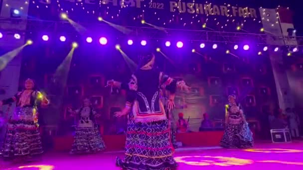 プーシュカル ラジャスタン インド 2022年11月 2022年11月 有名なラガストハニ民俗ダンサーGulabo Saperaは プッシュカーフェアで伝統的な黒いドレスで彼女のグループと一緒にフォークダンスカルベリアを実行 — ストック動画