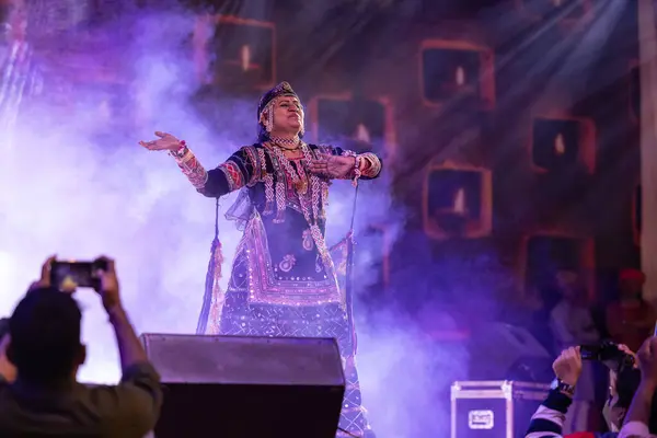 stock image Pushkar, Rajasthan, India - November 05 2022: Portrait of famous rajasthani folk artist Gulabo Sapera performing tribal folk dance Kalbelia at pushkar fair in traditional dress and jewellery