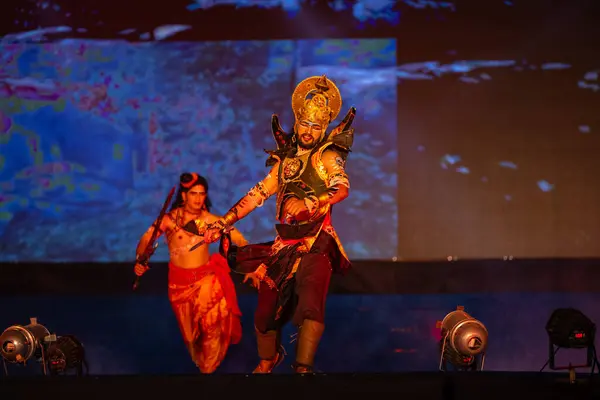 stock image Ghaziabad, Uttar Pradesh, India - October 23, 2023 : Portrait of male artists playing characters of holy book ramayana in ramlila during the dussehra festival