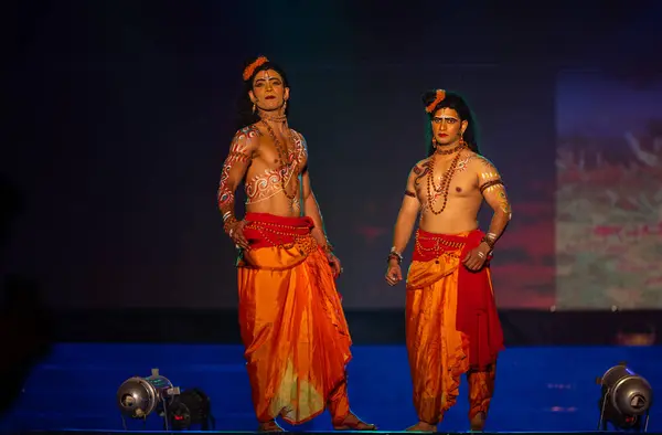 stock image Ghaziabad, Uttar Pradesh, India - October 23 2023 : Portrait of male artists playing character of hindu god ram and laxman of ramayana in ramlila during the dussehra festival