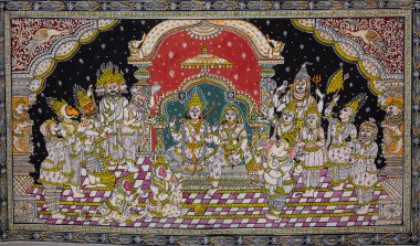 Yeni Delhi, Hindistan - 18 Kasım 2023: Ahşap tahtada yapılmış Hindu tanrı darbar tablosu.