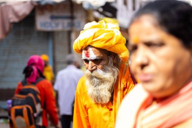 Puşkar, Rajasthan, Hindistan - Kasım 06 2022: Puşkar Fuarı, deve fuarı sırasında Pushkar caddesinde yaşlı bir sadhu babanın portresi