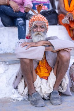 Puşkar, Rajasthan, Hindistan - Kasım 06 2022: Puşkar Fuarı, deve fuarı sırasında Pushkar caddesinde yaşlı bir sadhu babanın portresi 