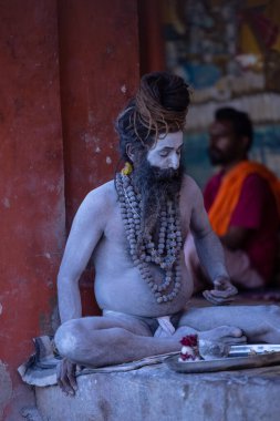Varanasi, Uttar Pradesh, Hindistan - 05 Mart 2023: Varanasi 'deki çetelerin yakınındaki Dashashwamedh ghat' ta oturan yaşlı kutsal Naga sadhu baba 'nın portresi