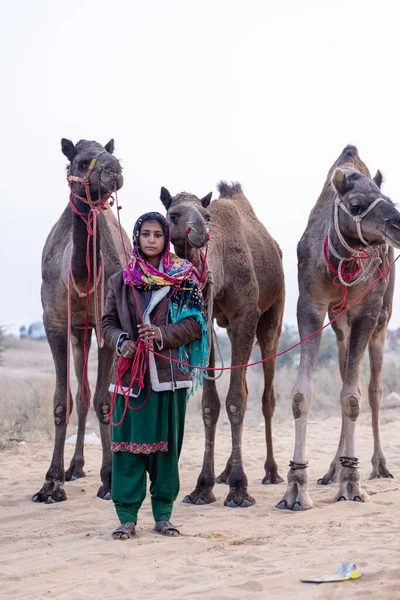Pushkar, Rajasthan 'daki sisli kış sabahı Pushkar Camel Panayırı' nda deve taşıyan renkli bir Hintli kadının portresi..