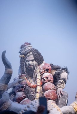 Masan Holi, Hindistan, Varanasi 'deki Harishchandra ghat' ta gelenek olarak Holi festivalini kutlarken yüzü ve vücudu kuru küllerle dolu bir Lord Shiv gibi davranan bir erkek sanatçı portresi..