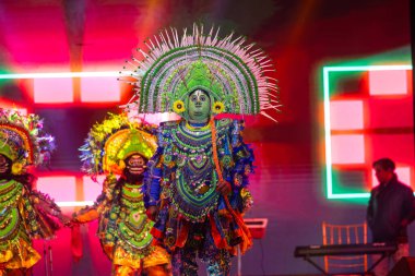 Bikaner, Rajasthan, Hindistan - 14 Ocak 2023 - Chhau dansı, ayrıca Chau ya da Chhaau olarak da yazılır, Hindistan 'ın doğu kesiminde, kabile ve halk geleneklerine dayanan yarı klasik Hint dansı.