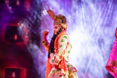 Puşkar, Rajasthan, Hindistan - Kasım 06 2022: Erkek sanatçı renkli etnik giysiler içinde itici kar fuarı sırasında Lord Krishna olarak çiçek vadisi açtı.