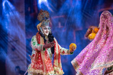 Puşkar, Rajasthan, Hindistan - Kasım 06 2022: Erkek sanatçı renkli etnik giysiler içinde itici kar fuarı sırasında Lord Krishna olarak çiçek vadisi açtı.