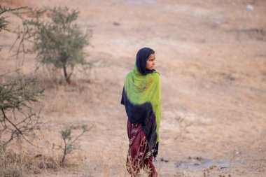 Pushkar, Rajasthan, Hindistan - 24 Kasım 2023: Pushkar Camel Panayırı 'nda renkli geleneksel elbiseler giyen Hintli genç bir kadının portresi.