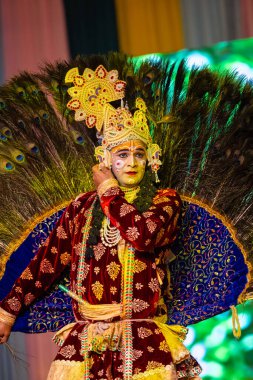 Ghaziabad, Uttar Pradesh, Hindistan - 17 Mart 2024: Renkli etnik giysiler içinde Holi Festivali sırasında tavus kuşu tüyleriyle phoolo ki holi 'yi oynayan genç erkek sanatçının portresi.