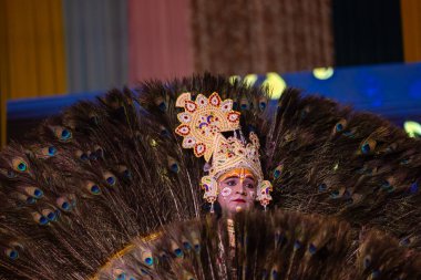 Ghaziabad, Uttar Pradesh, Hindistan - 17 Mart 2024: Renkli etnik giysiler içinde Holi Festivali sırasında tavus kuşu tüyleriyle phoolo ki holi 'yi oynayan genç erkek sanatçının portresi.