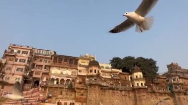 Varanasi, Uttar Pradesh, Hindistan - 21 Kasım 2022: Antik bina ve tapınakların mimari görüşü üzerine video Dashashwamedh ghat yakındaki kutsal nehir çeteleri ahşap bottan.