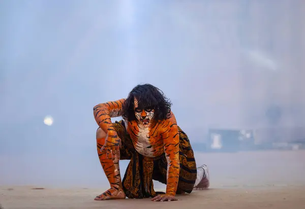 stock image Faridabad, Haryana, India - February 17 2024: Portrait of male artist performing classical dance kuchipudi as tiger to save himself from hunter on stage with tiger makeup on his face and body.