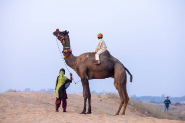 Pushkar, Rajasthan, India - November 24, 2023: Portrait of young Indian rajasthani boy riding on camel at sand dunes of pushkar desert. His mother is holding the camel by the leash. clipart