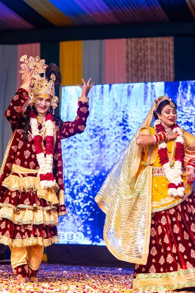 Stock image Ghaziabad, Uttar Pradesh, India - March 17, 2024: Portrait of indian artists in colorful ethnic clothes performing on stage during holi festival in Ghaziabad.