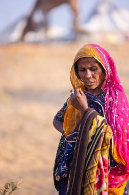 Puşkar, Rajasthan, Hindistan - 24 Kasım 2023: Pushkar Deve Fuarı sırasında renkli geleneksel elbise giymiş Hintli Rajasthani kadın portresi.