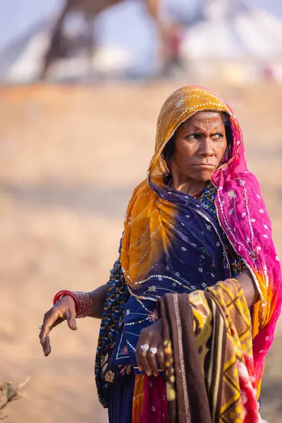 Puşkar, Rajasthan, Hindistan - 24 Kasım 2023: Pushkar Deve Fuarı sırasında renkli geleneksel elbise giymiş Hintli Rajasthani kadın portresi.