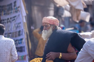 Puşkar, Rajasthan, Hindistan - 24 Kasım 2023: Puşkar Panayırı, Rajasthani 'li yaşlı bir erkeğin portresi.