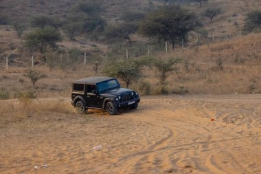 Pushkar, Rajasthan, Hindistan - 25 Kasım 2023: Pushkar 'ın Thar çölünde maceralı araba yarışı için 4 * 4 çingene. 