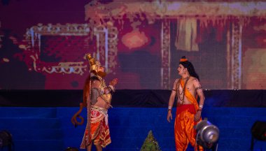 Ghaziabad, Uttar Pradesh, India - October 23, 2023: Portrait of a male artists playing characters of holy book ramayana in ramlila during the dussehra festival. clipart