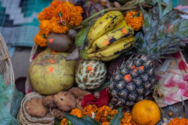 Holy offerings for hindu sun god at chhath festival with fruits. Chhath Puja is a significant Hindu festival primarily observed in the Indian states of Bihar, Jharkhand, Uttar Pradesh and Nepal. clipart