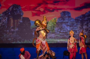 Ghaziabad, Uttar Pradesh, India - October 23 2023: Portrait of a male artists playing characters of holy book Ramayana in Ramlila during the Dussehra festival. clipart