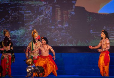 Ghaziabad, Uttar Pradesh, India - October 23 2023: Portrait of a male artists playing characters of holy book Ramayana in Ramlila during the Dussehra festival. clipart