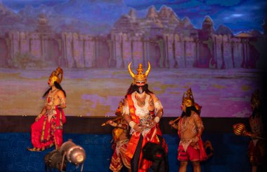 Ghaziabad, Uttar Pradesh, India - October 23 2023: Portrait of a male artists playing characters of holy book Ramayana in Ramlila during the Dussehra festival. clipart